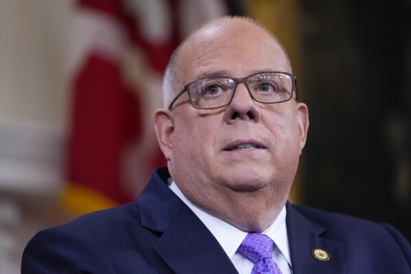 FILE - Maryland Gov. Larry Hogan addresses supporters at the Maryland statehouse, Jan. 10, 2023, in Annapolis, Md. Hogan, a former governor and moderate Republican who has been critical of Donald Trump, stepped down last month from the leadership of the third-party movement No Labels, a move that could signal his preparations to run for president using the group's ballot line. Hogan declined to comment and pointed to a letter to No Labels President and CEO Nancy Jacobson announcing his resignation as co-chair, which was dated Dec. 15 and obtained by The Associated Press on Thursday, Jan 11, 2024. (AP Photo/Julio Cortez, File)