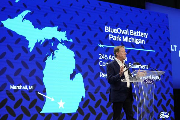 Ford Motor Co., executive chairman Bill Ford, announces the automaker's new BlueOval Battery Park, Monday, Feb. 13, 2023, in Romulus, Mich. The automaker plans to build a $3.5 billion electric vehicle battery plant about 100 miles west of Detroit that would employ about 2,500 people. The plant was revealed Monday at a meeting of the Michigan Strategic Fund, which approved a large state tax incentive package for the project near the city of Marshall. (AP Photo/Carlos Osorio)