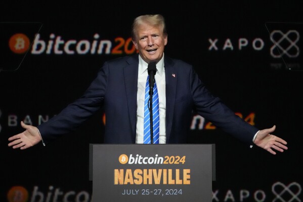 Then Former President Donald Trump speaks at the Bitcoin 2024 Conference, July 27, 2024, in Nashville, Tenn. (AP Photo/Mark Humphrey, File)