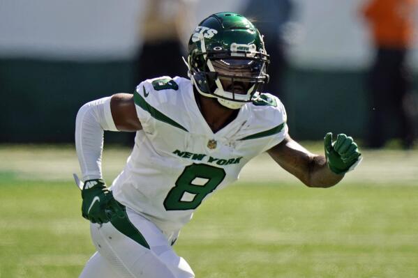 FILE - In this Sept. 19, 2021, file photo, New York Jets' Elijah Moore plays during the second half of an NFL football game against the New England Patriots in East Rutherford, N.J. Moore, a second-round pick out of Mississippi, has just eight catches for 66 yards in four games. (AP Photo/Frank Franklin II, File)