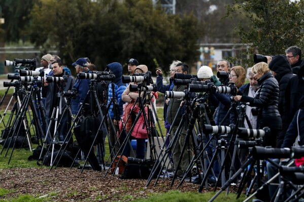 
              Photographers stage at Kenneth Hahn Park in Los Angeles as they wait to capture the supermoon, Sunday, Jan. 20, 2019. The year's first supermoon, when a full moon appears a little bi...