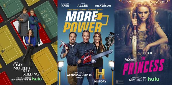 This combination of photos shows promotional art for "Only Murders in the Building," a Hulu series premiering its second season on June 28, left, "More Power," a series premiering June 29 on History, and "The Princess," a film premiering July 1 on Hulu. (Hulu/History/Hulu via AP)