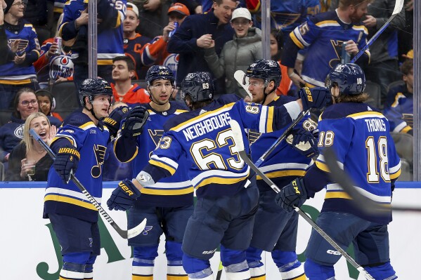Members of the St. Louis Blues celebrate after scoring a goal during the second period of an NHL hockey game against the Edmonton Oilers, Thursday, Feb. 15, 2024, in St. Louis. (AP Photo/Scott Kane)
