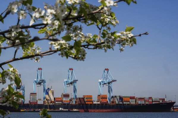 Shipping containers sit on the container ship Alexandra at the Port Newark Container Terminal, Friday, April 18, 2025, in Newark, N.J. (AP Photo/Julia Demaree Nikhinson)