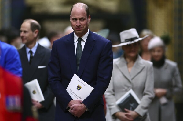 FILE - Britain's Prince William attends the annual Commonwealth Day service ceremony at Westminster Abbey in London, March 11, 2024. (Henry Nicholls/Pool via AP, File)