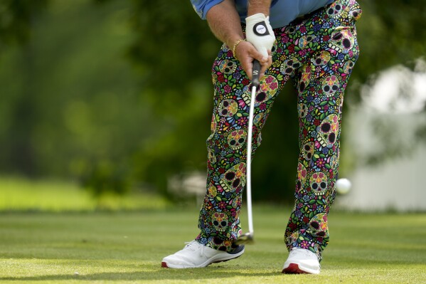 John Daly hits his tee shot on the 11th hole during the first round of the PGA Championship golf tournament at the Valhalla Golf Club, Thursday, May 16, 2024, in Louisville, Ky. (AP Photo/Jeff Roberson)
