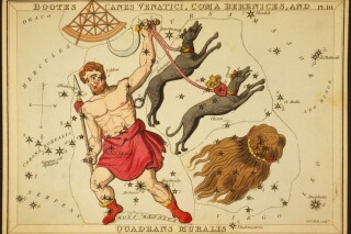 This 1825 etching provided by the Library of Congress shows an astronomical chart depicting Bootes the Ploughman holding a spear, a sickle, and two dogs, Asterion and Chara, on leashes, a quadrant, and the hair of Berenice forming the constellations. (Sidney Hall/Library of Congress via AP)