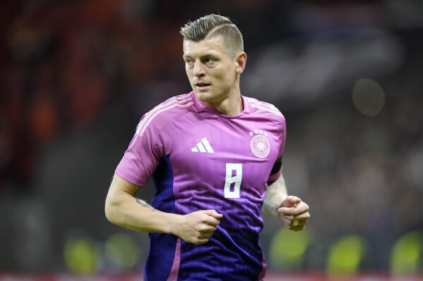 FILE - Germany's Toni Kroos plays during the international friendly soccer match between Germany and Netherlands in Frankfurt, Germany, Tuesday, March 26, 2024. (AP Photo/Martin Meissner, File)