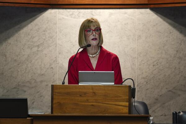 FILE - Indiana Lt. Gov Suzanne Crouch leads the Indiana Senate in a ceremonial start to the upcoming legislative session on Tuesday, Nov. 22, 2022, at the Statehouse in Indianapolis. Crouch formally started her 2024 campaign for governor on Monday, Dec. 12, 2022, and said she would not shy away from Republican Gov. Eric Holcomb's record despite discontent among many conservatives over his COVID-19 policies and other actions. (Jenna Watson/The Indianapolis Star via AP, File)