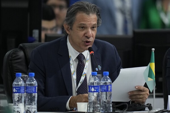 Brazil's Finance Minister Fernando Haddad speaks during the G20 Finance Ministers and Central Bank Governors meetings in Sao Paulo, Brazil, Thursday, Feb. 29, 2024. (AP Photo/Andre Penner)