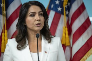 FILE - In this Oct. 29, 2019, file photo, Democratic presidential candidate Rep. Tulsi Gabbard, D-Hawaii, speaks during a news conference in New York. Gabbard’s fellow Democrats are nervous that she will mount a third-party bid for president. (AP Photo/Mary Altaffer, File)