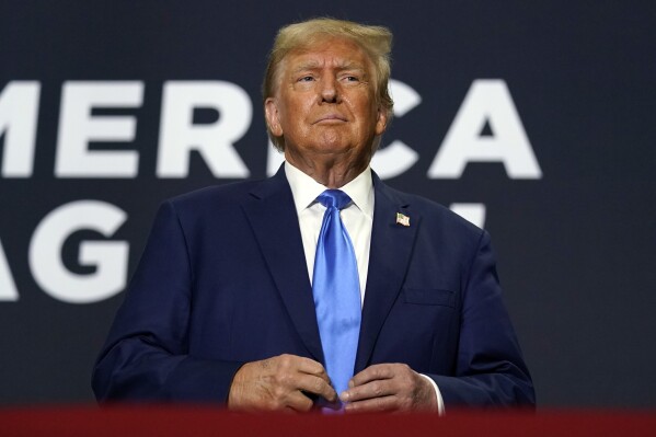 Republican presidential candidate former President Donald Trump arrives to speak at a campaign rally Monday Oct. 23, 2023, in Derry, N.H. (AP Photo/Charles Krupa)