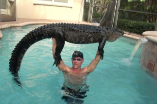 In this Wednesday, Oct. 15, 2019 handout photo shows Paul Bedard raising a 9-foot alligator over his head at a home in Parkland, Fla. Bedard, a local trapper, removed the nuisance reptile that had jumped into a customers pool. Bedard stars in the Animal Planet show "Gator Boys." (Paul Bedard via AP)