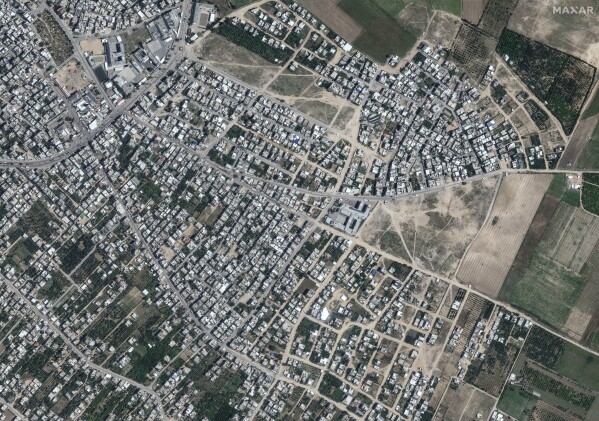 This image provided by Maxar Technologies shows before bombing at the Beit Hanoun neighborhood, northern Gaza, May 1, 2023. (Satellite image ©2023 Maxar Technologies via AP)