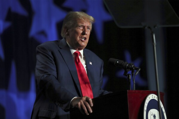 Former President Donald Trump speaks at the 56th annual Silver Elephant Gala in Columbia, S.C., Saturday, Aug. 5, 2023. (AP Photo/Artie Walker Jr.)