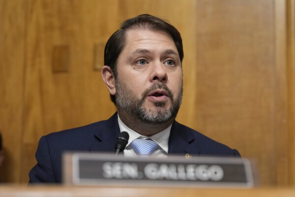 Sen. Ruben Gallego, D-Ariz., speaks at the Senate Homeland Security and Governmental Affairs Committee confirmation hearing for South Dakota Gov. Kristi Noem, President-elect Donald Trump's nominee to be Secretary of Homeland Security, at the Capitol in Washington, Jan. 17, 2025. (AP Photo/Ben Curtis, File)