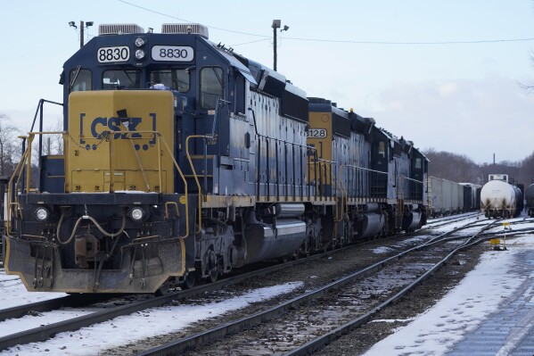 CSX locomotives rest together on tracks at CSX North Framingham Yard, Tuesday, Jan. 24, 2023, in Framingham, Mass. (AP Photo/Steven Senne, File)