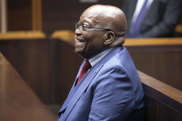 Former South African President Jacob Zuma looks on in the Pietermaritzburg High Court in South Africa, Monday, April 17, 2023. The corruption trial of Zuma was postponed again as he seeks to have the lead prosecutor removed from the case by claiming he is biased. (Kim Ludbrook/Pool via AP)