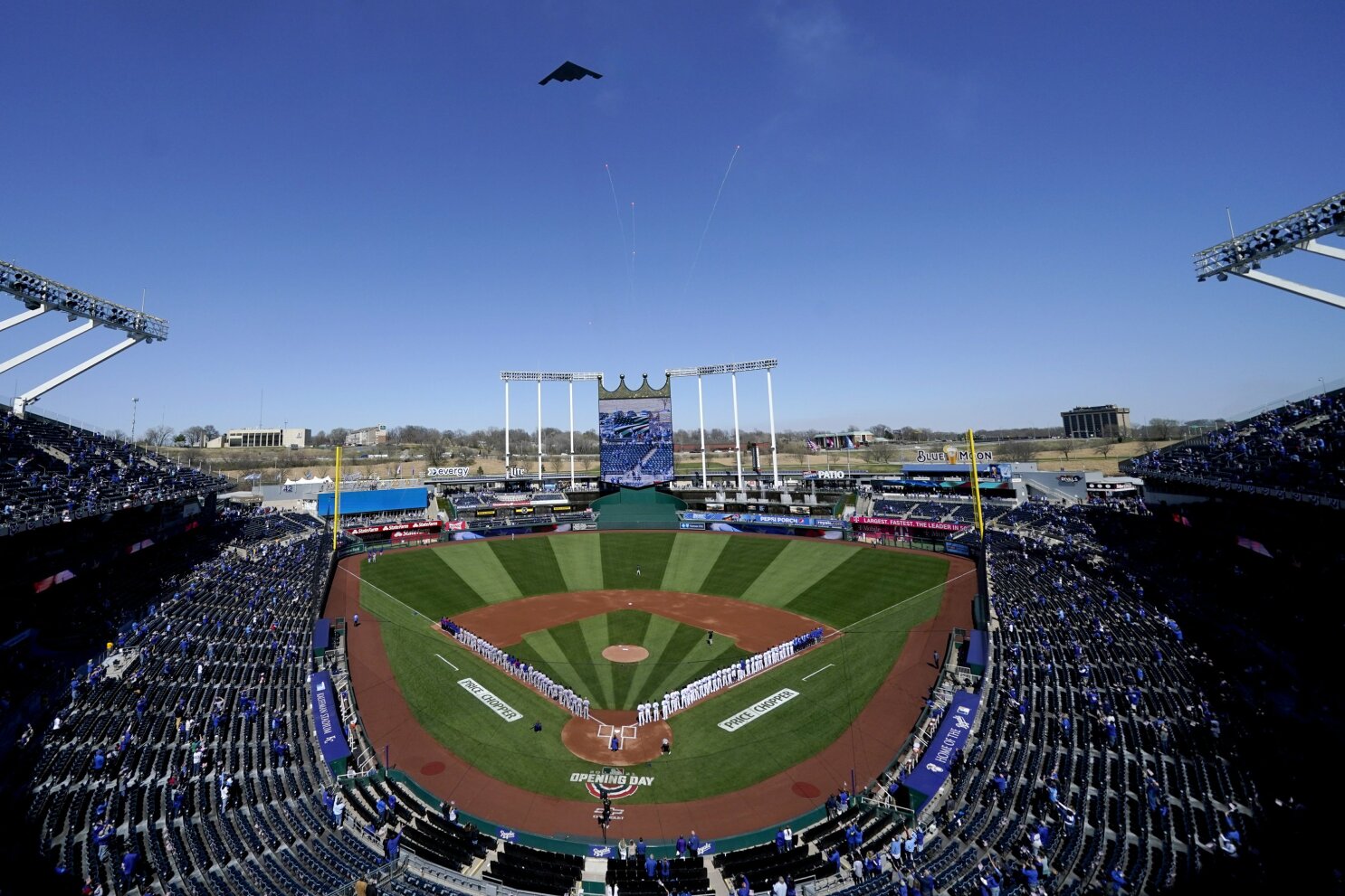 A Stealth bomber flies over Yankee Stadium prior to the start of
