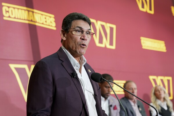 Washington Commanders head coach Ron Rivera speaks at an introductory NFL football news conference for the team's new ownership group at FedEx Field in Landover, Md., Friday, July 21, 2023. (AP Photo/Alex Brandon)