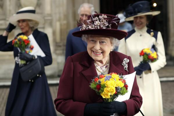 FILE - In this Monday, March 12, 2018 file photo, Britain's Queen Elizabeth II leaves after attending the Commonwealth Service at Westminster Abbey in London. Now that the Royal Family has said farewell to Prince Philip, attention will turn to Queen Elizabeth II’s 95th birthday on Wednesday, April 21, 2021 and, in coming months, the celebrations marking her 70 years on the throne. This combination of events is reminding the United Kingdom that the reign of the queen, the only monarch most of her subjects have ever known, is finite. (AP Photo/Kirsty Wigglesworth, file)