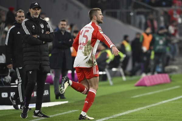 Bayern's Eric Dier in action during the German Bundesliga soccer match between Bayern Munich and Union Berlin at the Allianz Arena in Munich, Germany, Wednesday, Jan. 24, 2024. (Sven Hoppe/dpa via AP)