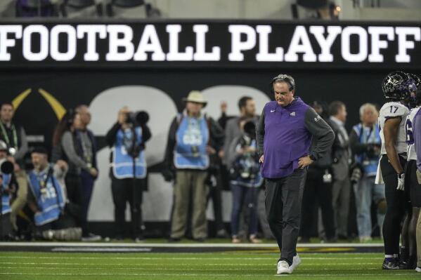 TCU head coach Sonny Dykes walks near the sidelines during the first half of the national championship NCAA College Football Playoff game against Georgia, Monday, Jan. 9, 2023, in Inglewood, Calif. (AP Photo/Mark J. Terrill)