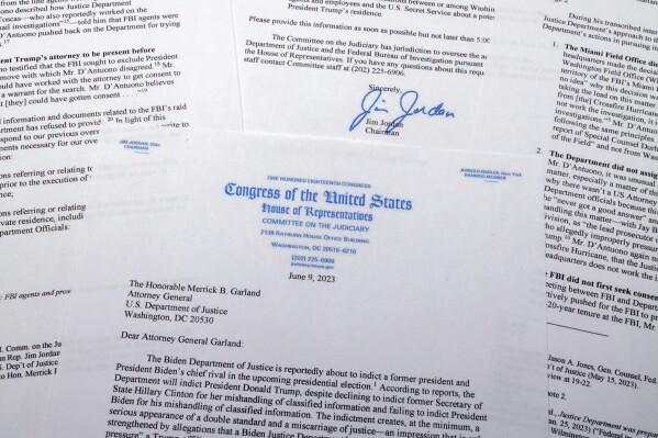 FILE - A letter that House Judiciary Committee Chairman Jim Jordan, of Ohio, wrote on June 9, 2023, to Attorney General Merrick Garland is photographed in Frederick, Md. The Justice Department is facing the biggest test in its history in the prosecution of former President Donald Trump. It is navigating unprecedented conditions in American democracy while trying to fight back against relentless attacks on its own credibility and that of the U.S. election system. (AP Photo/Jon Elswick, File)