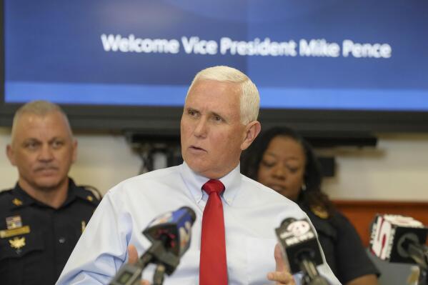 Former Vice President Mike Pence speaks during a roundtable discussion on police reform on Thursday, March 2, 2023, in North Charleston, S.C. (AP Photo/Meg Kinnard)