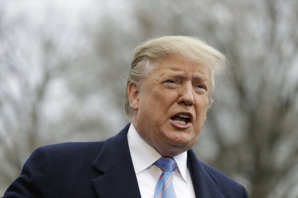 FILE - In this Friday, April 5, 2019 file photo, President Donald Trump speaks with reporters before boarding Marine One on the South Lawn of the White House, in Washington. A federal appeals court...