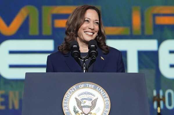 Vice President Kamala Harris delivers remarks at a Sigma Gamma Rho Sorority gathering in Houston, Wednesday, July 31, 2024, in Houston. (AP Photo/LM Otero)