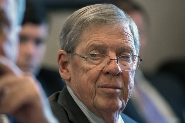 FILE - In this Feb. 14, 2019 photo, Sen. Johnny Isakson, R-Ga., leads a meeting on Capitol Hill in Washington. The son of former U.S. senator and vice presidential candidate Joe Lieberman is the first Democrat to enter the race to replace retiring Republican Sen. Johnny Isakson of Georgia. Matt Lieberman said in a statement Thursday, Oct. 3, 2019 that he’s running because he’s “fed up with the do-nothing politicians who care more about getting re-elected than governing.”  (AP Photo/J. Scott Applewhite, File)