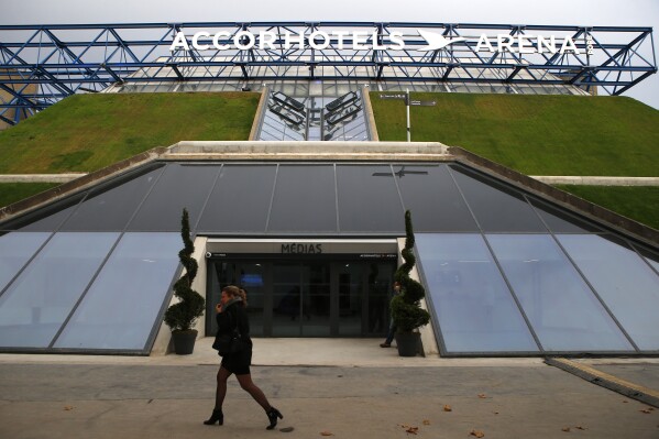 FILE - The media entrance of the Paris refurbished Bercy Arena, renamed Accor Hotels Arena is pictured in Paris, France, Nov. 5, 2015. The NBA announced Wednesday, July 19, 2023 that the Brooklyn Nets and Cleveland Cavaliers will play in Paris on Jan. 11, the third regular-season game held at Accor Arena. (AP Photo/Francois Mori, file)