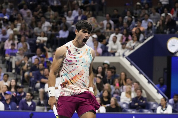 Carlos Alcaraz, of Spain, reacts after winning a match against Lloyd Harris, of South Africa, at the second round of the U.S. Open tennis championships, Thursday, Aug. 31, 2023, in New York. (AP Photo/Charles Krupa)