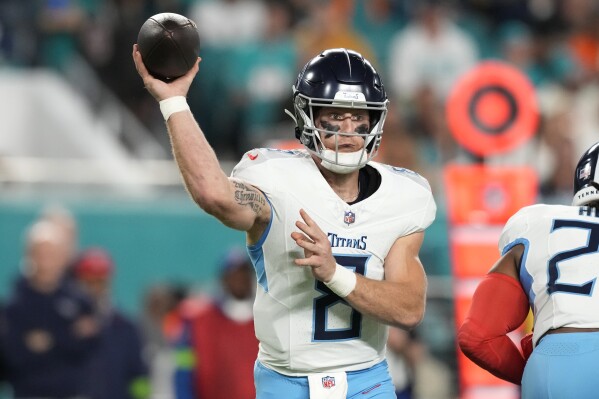 Tennessee Titans quarterback Will Levis (8) aims a pass during the first half of an NFL football game against the Miami Dolphins, Monday, Dec. 11, 2023, in Miami, Fla. (AP Photo/Rebecca Blackwell)