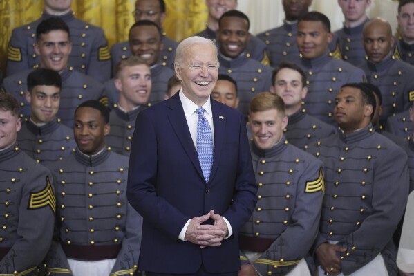President Joe Biden speaks during an event to present the Commander-in-Chief's Trophy to the United States Military Academy Army Black Knights, in the East Room of the White House, Monday, May 6, 2024, in Washington. (AP Photo/Evan Vucci)