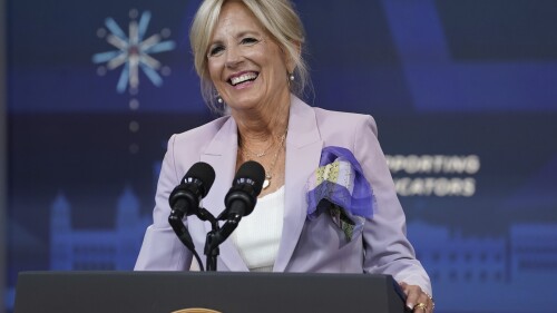 FILE - First lady Jill Biden speaks during an event with the National Education Association in the South Court Auditorium on the White House campus, Tuesday, July 4, 2023, in Washington. Biden will join other VIPs and speak at a ceremony Tuesday, July 25, at the headquarters of the United Nations Scientific, Educational and Cultural Organization. The American flag will be raised to mark the U.S. return to membership after a five-year absence. (AP Photo/Evan Vucci, File)