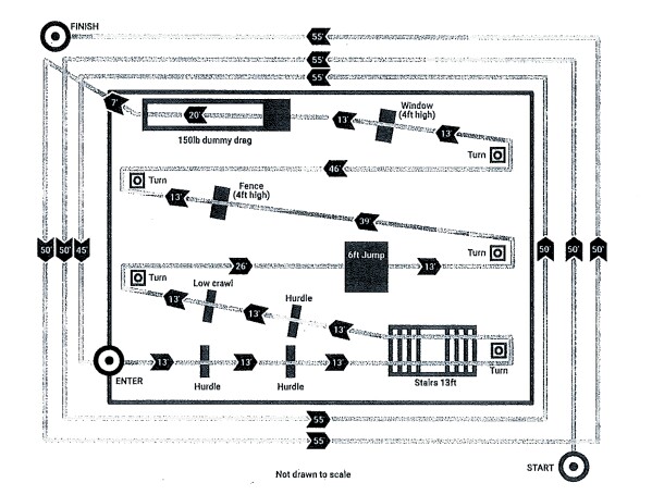 A diagram shows an obstacle course that Ronald Donat completed in less than two minutes as part of a required physical ability test to join the department. Credit: Gwinnett County Police Department record