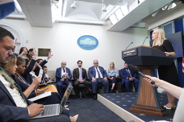 White House press secretary Karoline Leavitt speaks with reporters in the James Brady Press Briefing Room at the White House, Thursday, June 19, 2025, in Washington. (AP Photo/Alex Brandon)