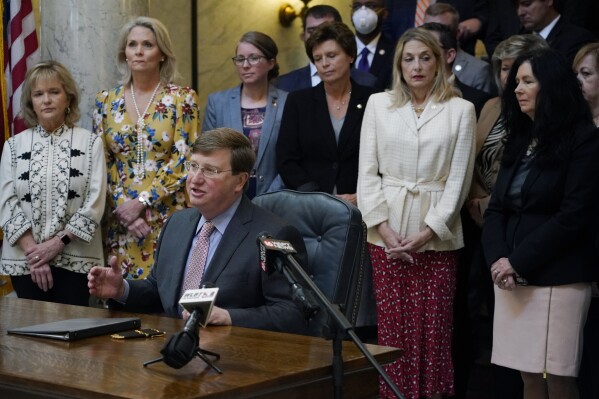 FILE - Mississippi Republican Gov. Tate Reeves is surrounded by legislative supporters after signing a bill to ban transgender athletes from competing on girls' or women's sports teams on March 11, 2021, at the state Capitol in Jackson, Miss. On Monday, April 29, 2024, Mississippi House and Senate negotiators quietly killed two bills that would have further restricted recognition of transgender people by limiting which bathrooms they could use in public buildings and by specifying that "there are only two sexes, and every individual is either male or female." (AP Photo/Rogelio V. Solis, File)