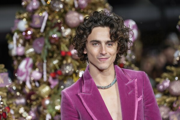 Timothee Chalamet poses for photographers upon arrival at the world premiere of the film 'Wonka' on Tuesday, Nov. 28, 2023 in London. (Scott Garfitt/Invision/AP)