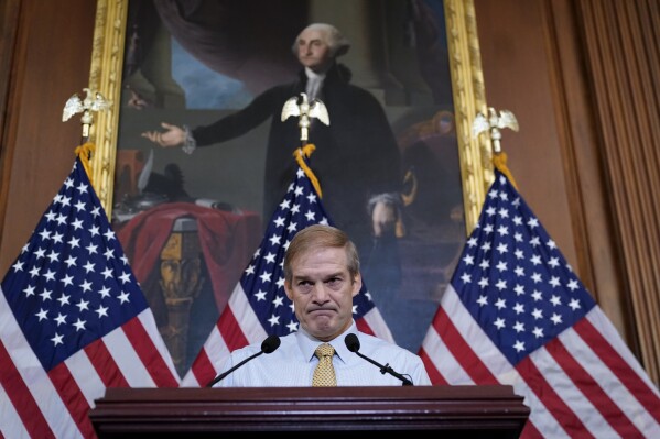 FILE - Rep. Jim Jordan, R-Ohio, House Judiciary chairman and staunch ally of Donald Trump, meets with reporters at the Capitol in Washington, Friday, Oct. 20, 2023. The Republican dysfunction that has ground business in the U.S. House to a halt as two wars rage abroad and a budget crisis looms at home is contributing to a deep loss of faith in American institutions. The pessimism extends beyond Congress, with recent polling showing a widespread mistrust in everything from the courts to organized religion. (AP Photo/J. Scott Applewhite, File)