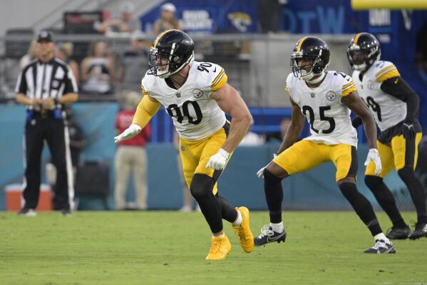 FILE - Pittsburgh Steelers linebacker T.J. Watt (90) follows a play during the first half of a preseason NFL football game against the Jacksonville Jaguars, Saturday, Aug. 20, 2022, in Jacksonville, Fla. Watt tied an NFL record with 22½ sacks last season on his way to capturing the Defensive Player of the Year award. (AP Photo/Phelan M. Ebenhack, File)