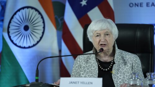 United States Treasury Secretary Janet Yellen addresses media during G-20's third Finance Ministers and Central Bank Governors (FMCBGs) meeting in Gandhinagar, India, Monday, July 17, 2023, under the Indian G20 Presidency. (AP Photo/Ajit Solanki)