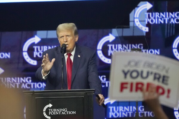 Republican presidential candidate and former President Donald Trump speaks at a campaign event Saturday, June 15, 2024, in Detroit. (AP Photo/Carlos Osorio)
