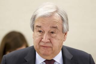 U.N. Secretary-General Antonio Guterres addresses his statement, during the opening of the High-Level Segment of the 43rd session of the Human Rights Council, at the European headquarters of the United Nations in Geneva, Switzerland, Monday, Feb. 24, 2020. (Salvatore Di Nolfi/Keystone via AP)