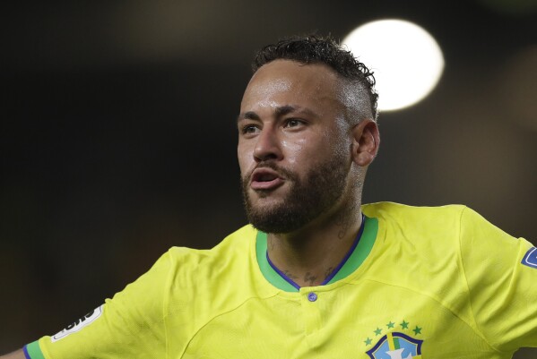 Brazil's Neymar celebrates scoring his side's 5th goal against Bolivia during a qualifying soccer match for the FIFA World Cup 2026 at Mangueirao stadium in Belem, Brazil, Friday, Sept. 8, 2023. (AP Photo/Bruna Prado)