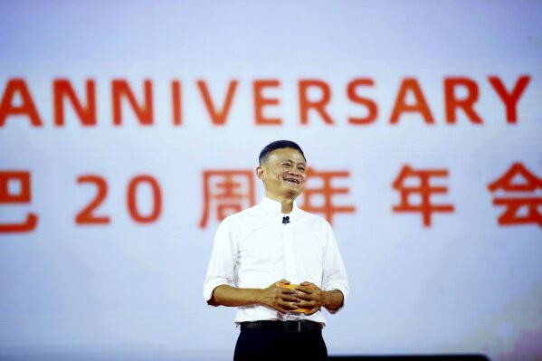 FILE - In this Sept. 10, 2019 file photo, Jack Ma, founder of the Alibaba Group, speaks at the company's 20th-anniversary celebration in Hangzhou in eastern China's Zhejiang province. A survey shows Jack Ma, founder of e-commerce giant Alibaba, held onto his status as China's richest entrepreneur as the coronavirus shutdown propelled demand for online shopping and other services. (Chinatopix via AP, File)