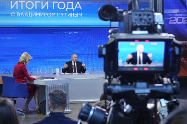 FILE - Russian President Vladimir Putin speaks during his annual news conference in Moscow, Russia, Thursday, Dec. 14, 2023. (AP Photo/Alexander Zemlianichenko, Pool, File)
