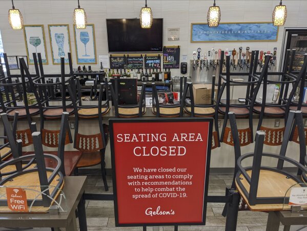 FILE - In this March 26, 2020, file photo, an indoors sitting bar is closed inside the Gelson's Market in the Los Feliz neighborhood of Los Angeles. Los Angeles County announced new coronavirus-related restrictions Sunday, Nov. 22, 2020, that will prohibit in-person dining for at least three weeks as cases rise at the start of the holiday season and officials statewide begged Californians to avoid traveling or gathering in groups for Thanksgiving. LA County's new rules take effect Wednesday at 10 p.m., restaurants, breweries, wineries and bars will only be able to offer takeout, drive-thru, and delivery services. (AP Photo/Damian Dovarganes, File)